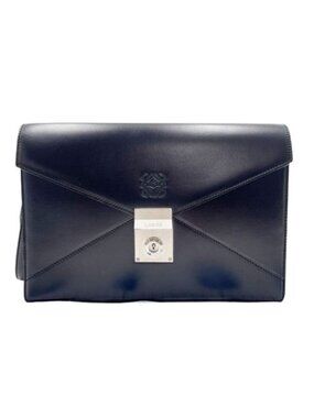 Loewe Clutch Anagram Diplomatico 361.75.001 Black Calf Leather Wristlet Silver